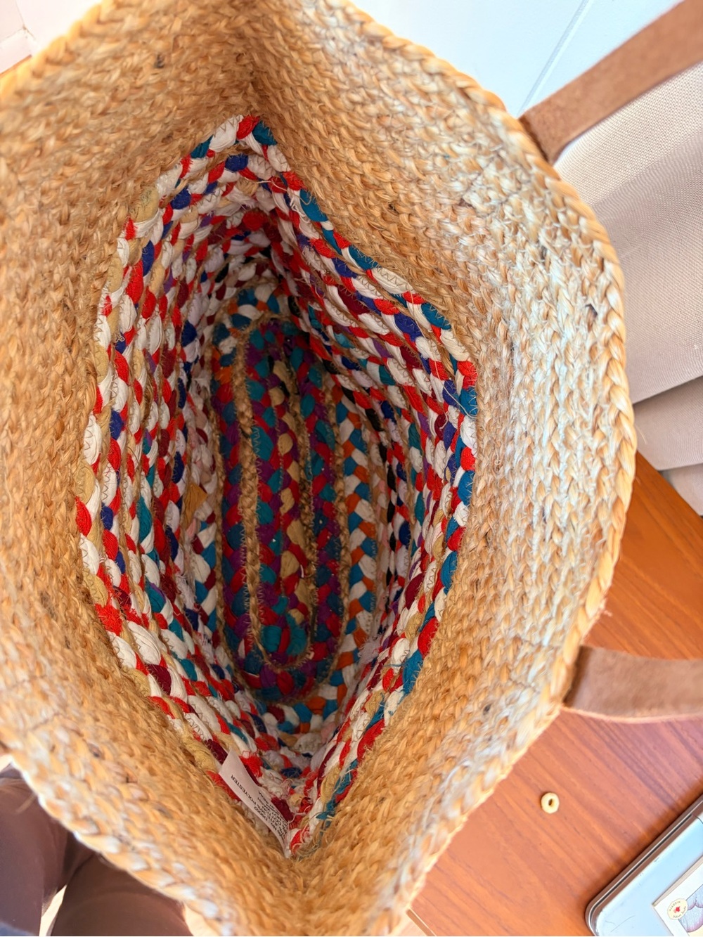 Woven Straw Tote Bag with Colorful Braided Stripes - Brown - Picture 3 of 3